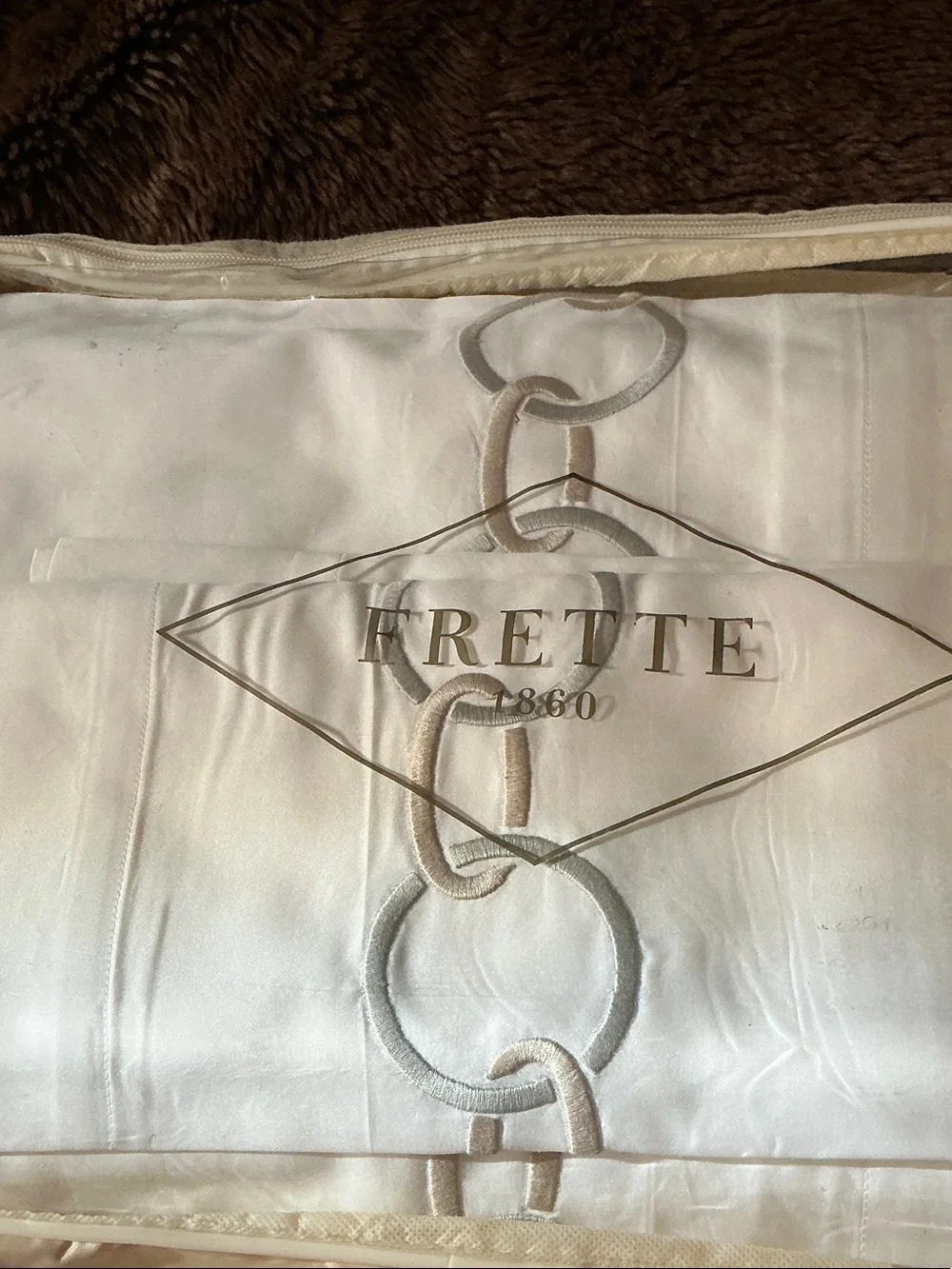 NEW FRETTE QUEEN SHEET SET LINKS EMBROIDERY celadon green and savage beigeladon